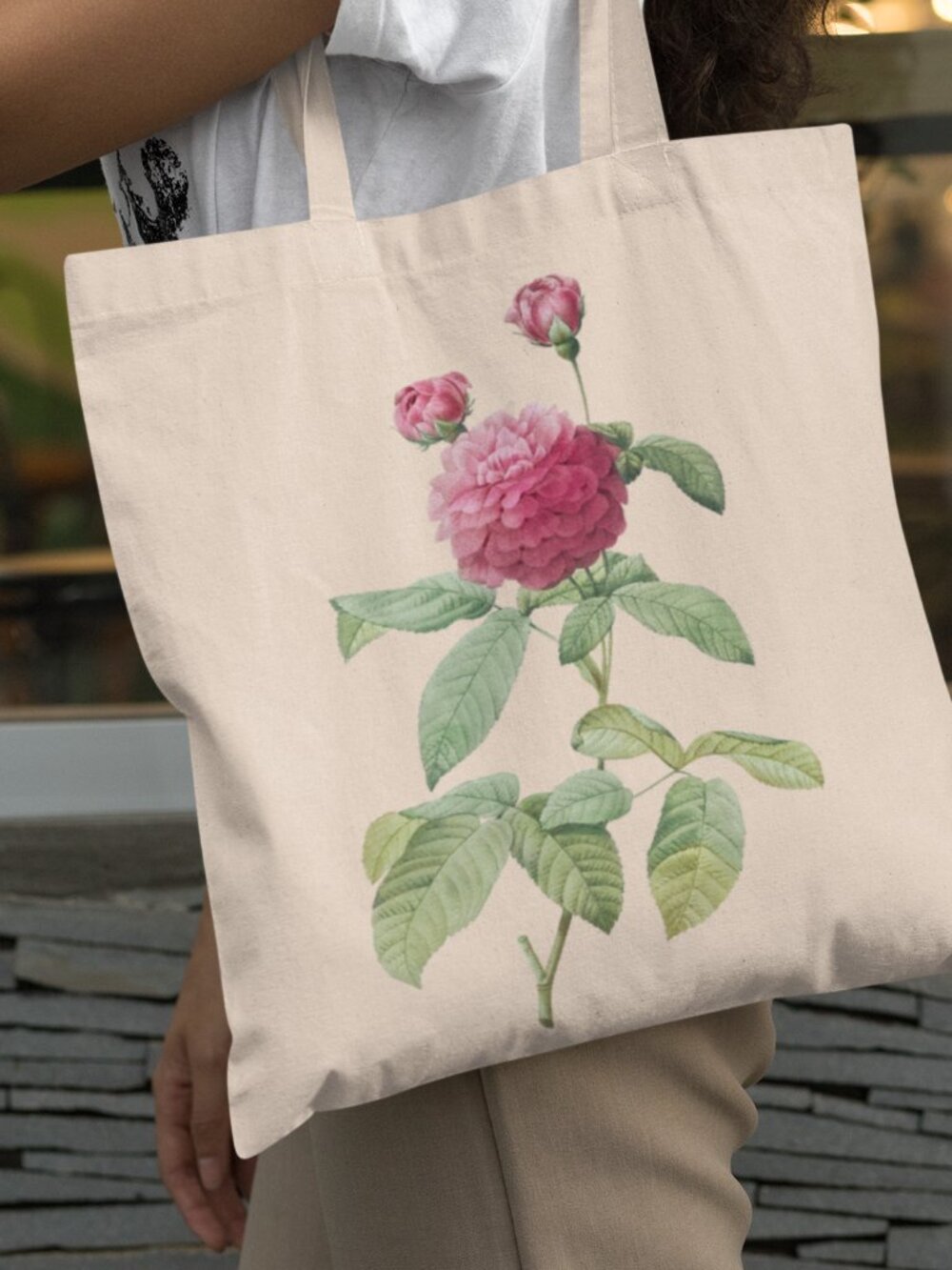 French Rose Vintage Floral Print Graphic Canvas Tote Bag